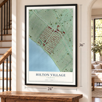 Hilton Village, Virginia map, 24 x 36 inch print in a black frame by a staircase