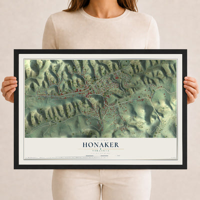 Map of Honaker, Virginia, 12 x 18 inch print in a black wood frame