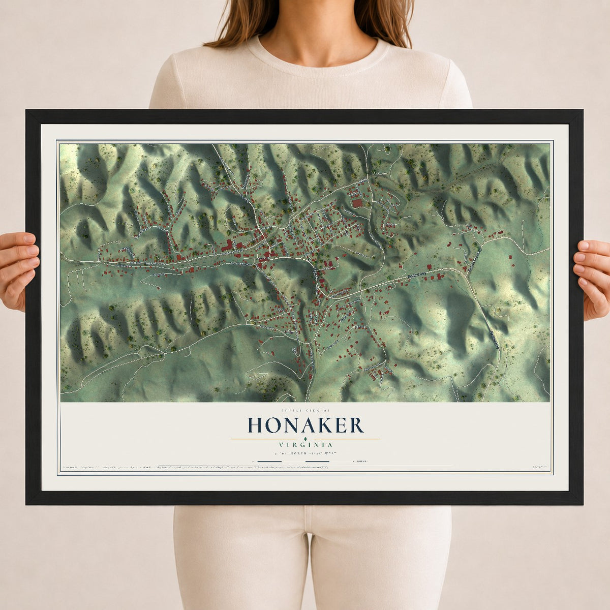 Map of Honaker, Virginia, 18 x 24 inch print in a black wood frame