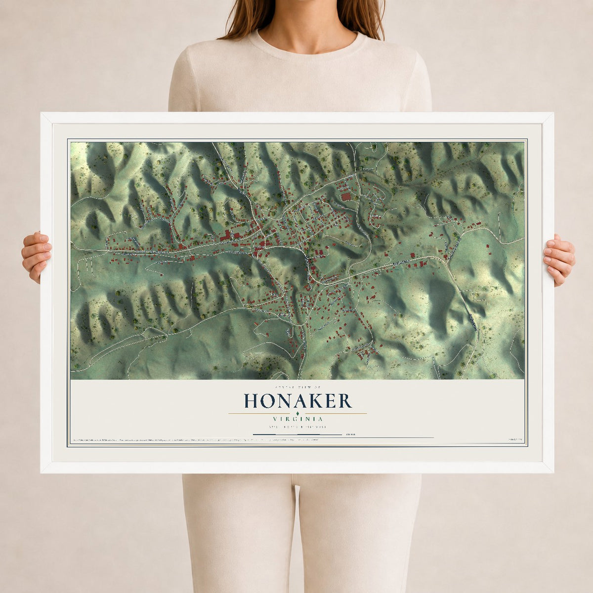 Map of Honaker, Virginia, 24 x 36 inch print in a white wood frame