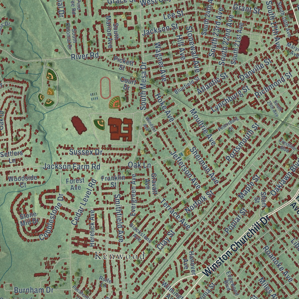 Close-up of the map of Hopewell, Virginia print showing street and building detail