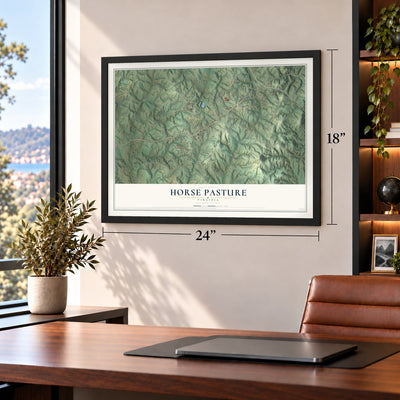 Horse Pasture, Virginia map, 18 x 24 inch print in a black frame in a home office