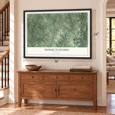 Horse Pasture, Virginia map, 24 x 36 inch print in a black frame above a dresser by a staircase