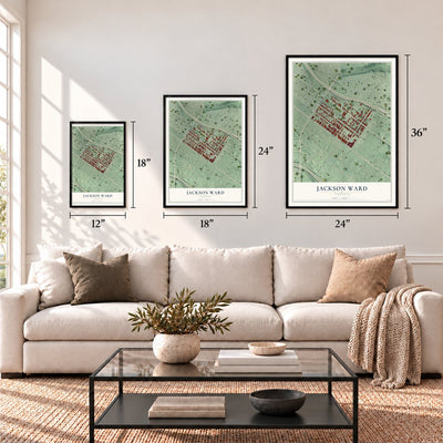 Jackson Ward, Virginia map in 12 x 18, 18 x 24 and 24 x 36 inch sizes above a sofa