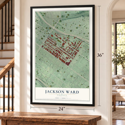 Jackson Ward, Virginia map, 24 x 36 inch print in a black frame by a staircase