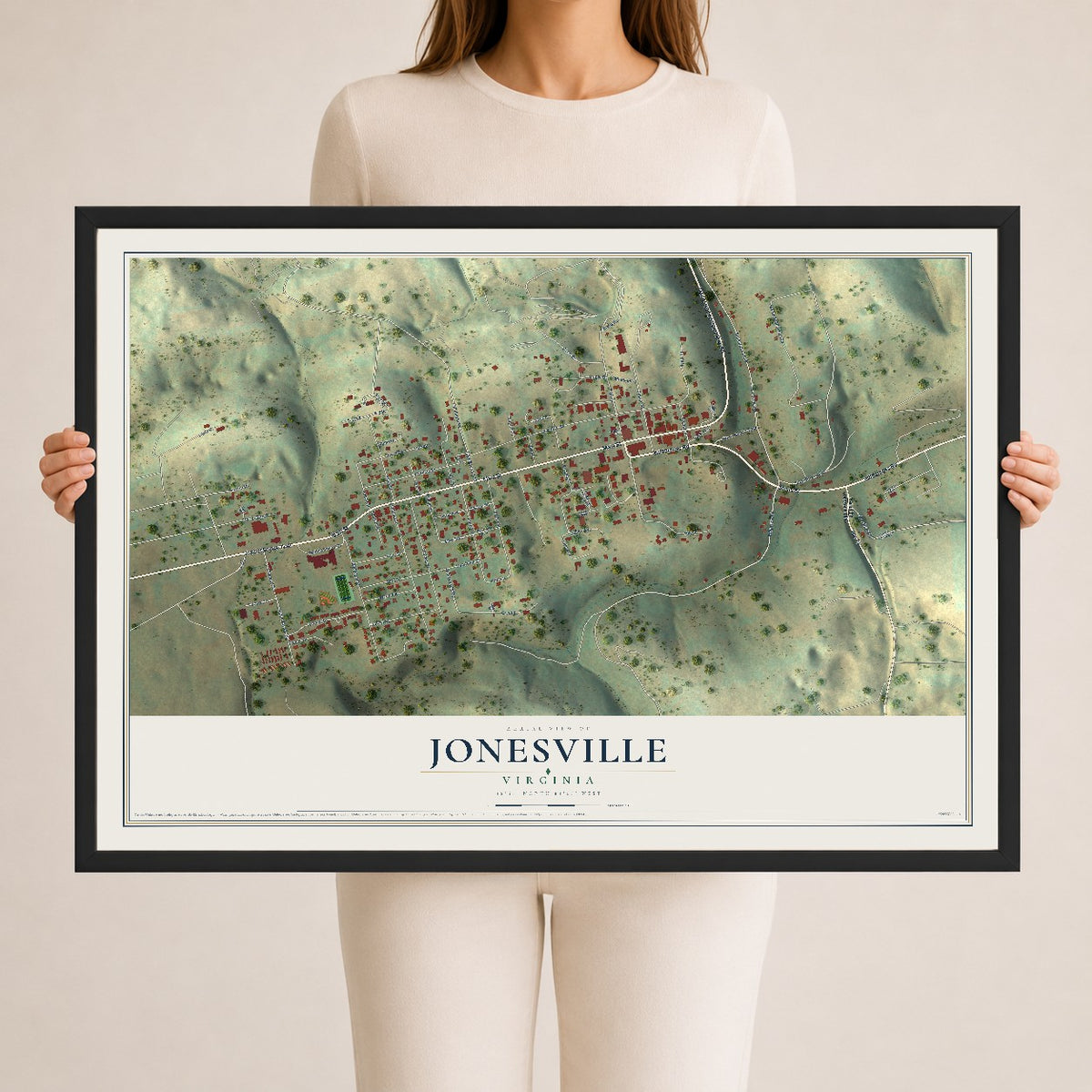 Map of Jonesville, Virginia, 24 x 36 inch print in a black wood frame