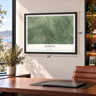 Keswick, Virginia map, 18 x 24 inch print in a black frame in a home office