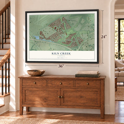 Kiln Creek, Virginia map, 24 x 36 inch print in a black frame above a dresser by a staircase