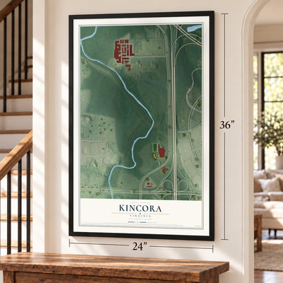 Kincora, Virginia map, 24 x 36 inch print in a black frame by a staircase