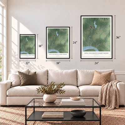 King and Queen Court House, Virginia map in 12 x 18, 18 x 24 and 24 x 36 inch sizes above a sofa
