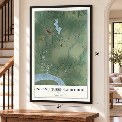 King and Queen Court House, Virginia map, 24 x 36 inch print in a black frame by a staircase