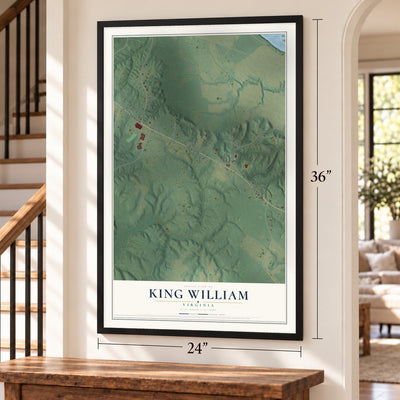 King William, Virginia map, 24 x 36 inch print in a black frame by a staircase