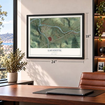 Lafayette, Virginia map, 18 x 24 inch print in a black frame in a home office