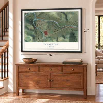Lafayette, Virginia map, 24 x 36 inch print in a black frame above a dresser by a staircase