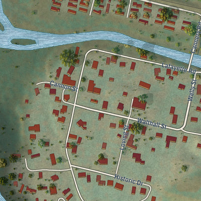 Close-up of the map of Lafayette, Virginia print showing street and building detail