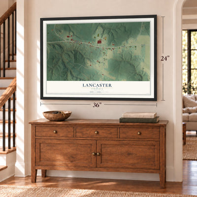 Lancaster, Virginia map, 24 x 36 inch print in a black frame above a dresser by a staircase