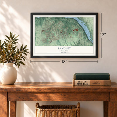 Langley, Virginia map, 12 x 18 inch print in a black frame in an entryway