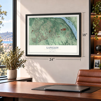 Langley, Virginia map, 18 x 24 inch print in a black frame in a home office