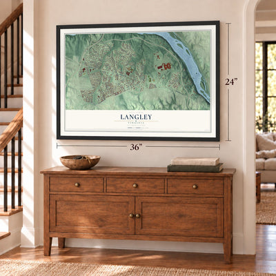 Langley, Virginia map, 24 x 36 inch print in a black frame above a dresser by a staircase