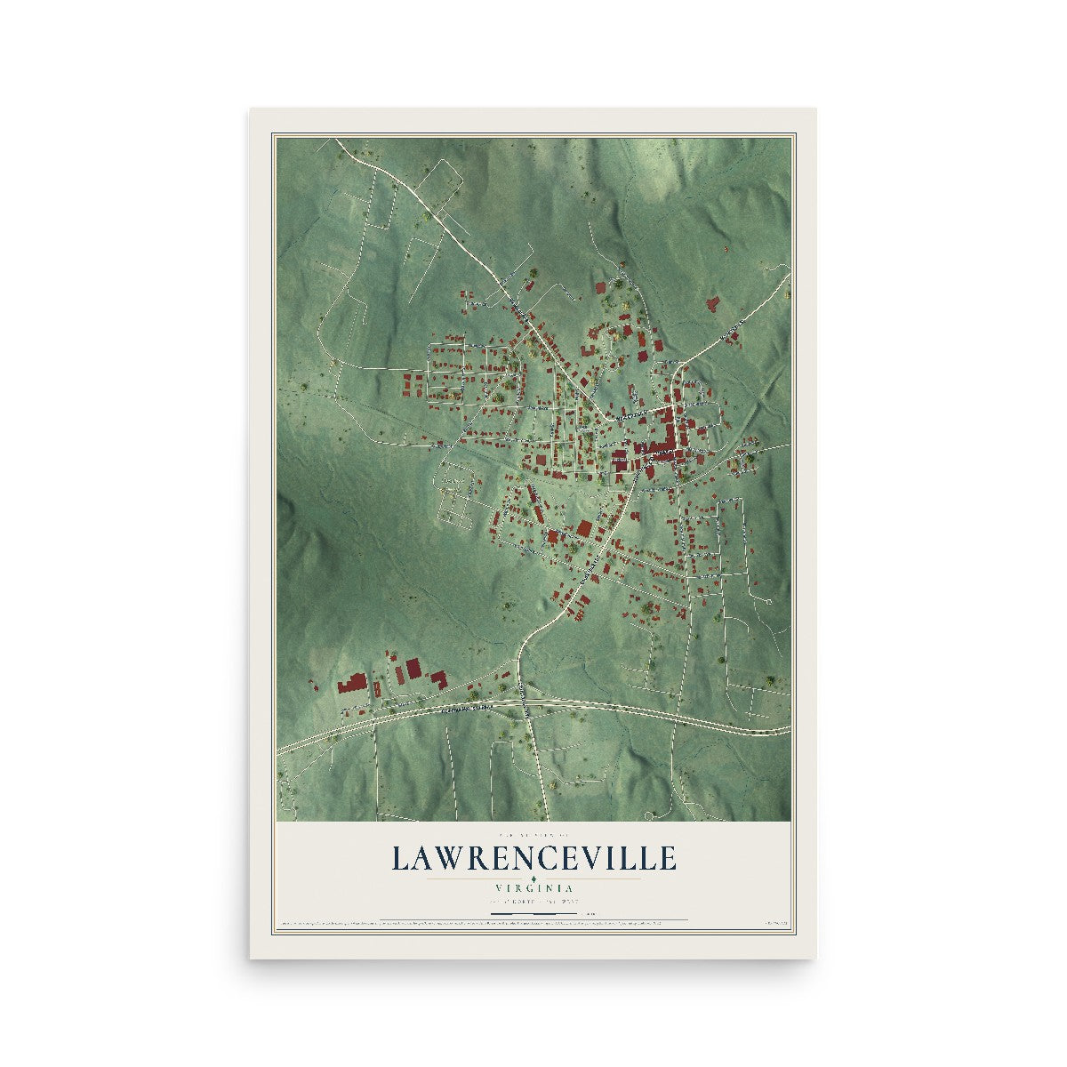 Map of Lawrenceville, Virginia, 12 x 18 inch unframed archival matte print