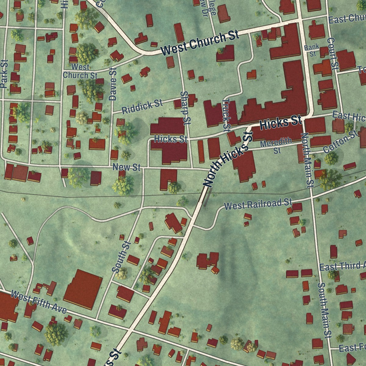 Close-up of the map of Lawrenceville, Virginia print showing street and building detail
