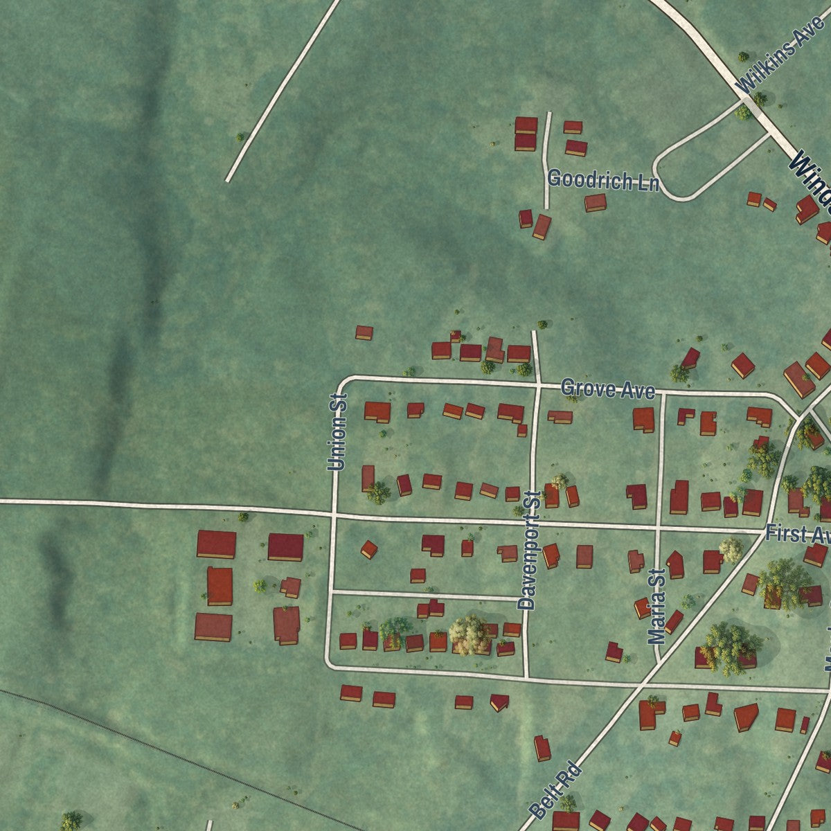 Second close-up of the map of Lawrenceville, Virginia print showing more streets and buildings