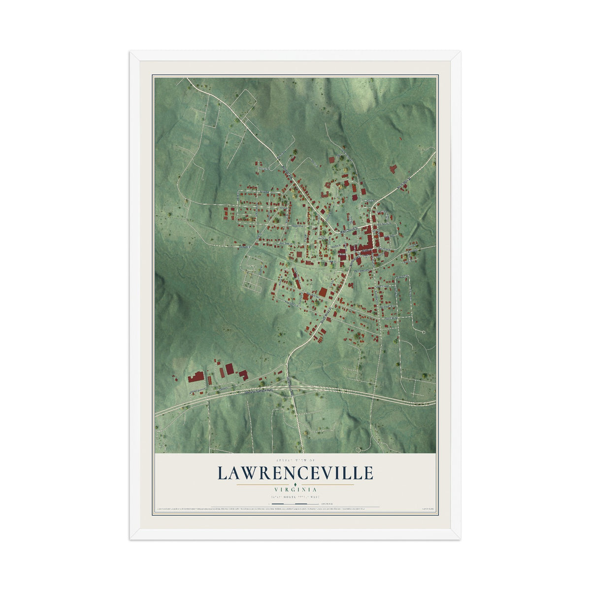 Map of Lawrenceville, Virginia, 12 x 18 inch print in a white wood frame