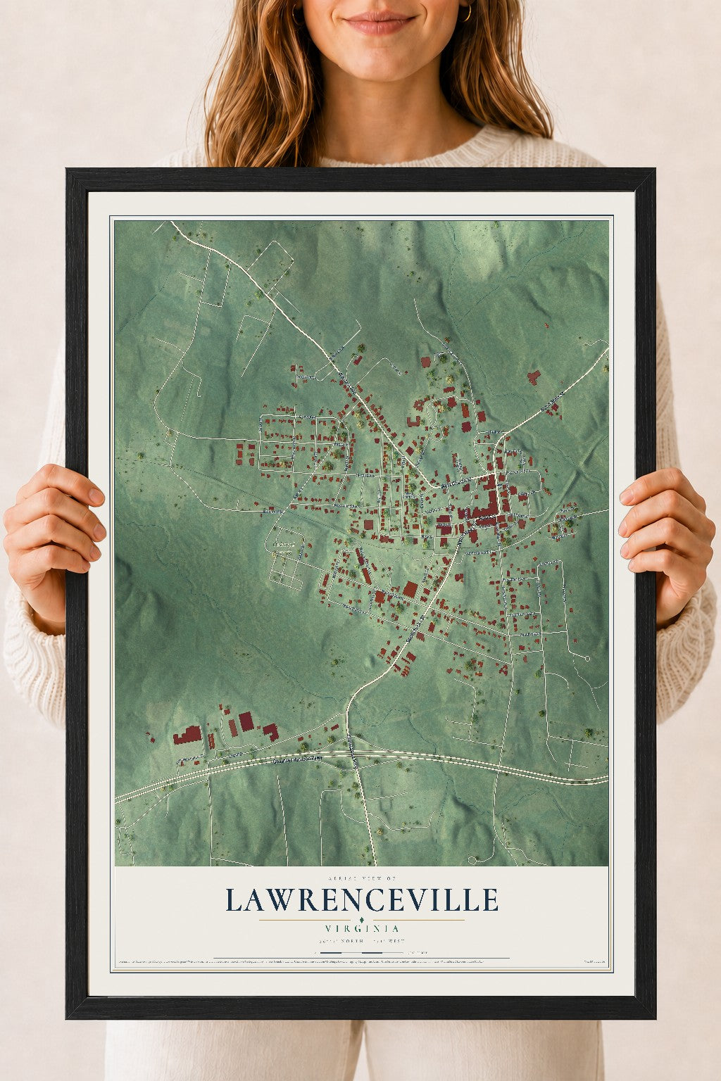 Map of Lawrenceville, Virginia, 18 x 24 inch print in a black wood frame