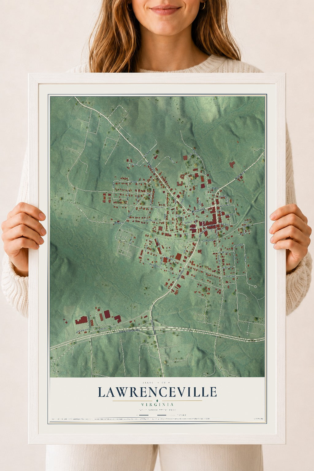 Map of Lawrenceville, Virginia, 18 x 24 inch print in a white wood frame