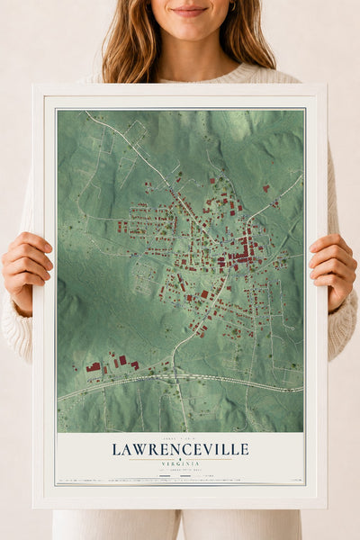 Map of Lawrenceville, Virginia, 18 x 24 inch print in a white wood frame