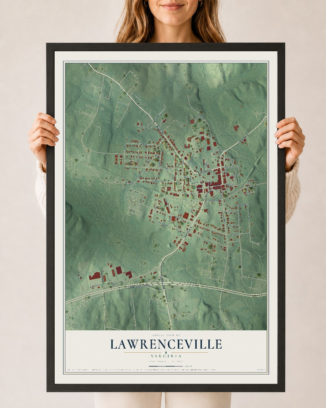 Map of Lawrenceville, Virginia, 24 x 36 inch print in a black wood frame
