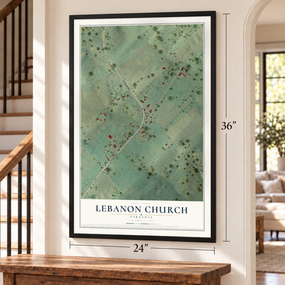 Lebanon Church, Virginia map, 24 x 36 inch print in a black frame by a staircase