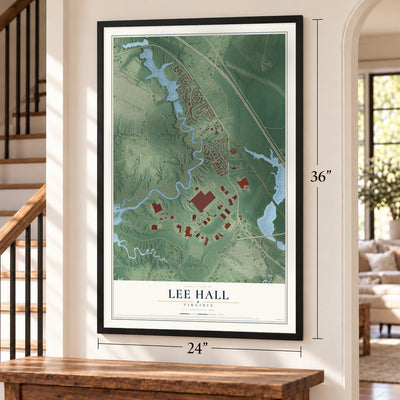 Lee Hall, Virginia map, 24 x 36 inch print in a black frame by a staircase