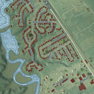 Close-up of the map of Lee Hall, Virginia print showing street and building detail