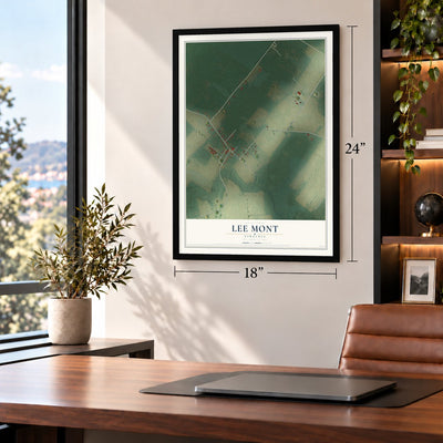 Lee Mont, Virginia map, 18 x 24 inch print in a black frame in a home office
