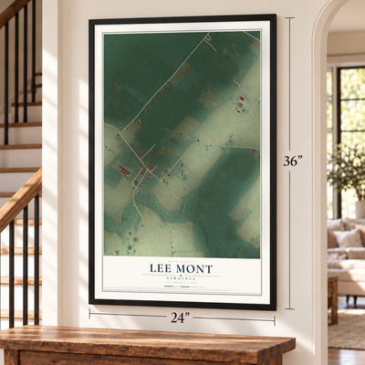 Lee Mont, Virginia map, 24 x 36 inch print in a black frame by a staircase