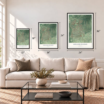 Leeland Station, Virginia map in 12 x 18, 18 x 24 and 24 x 36 inch sizes above a sofa