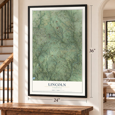 Lincoln, Virginia map, 24 x 36 inch print in a black frame by a staircase