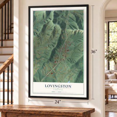 Lovingston, Virginia map, 24 x 36 inch print in a black frame by a staircase