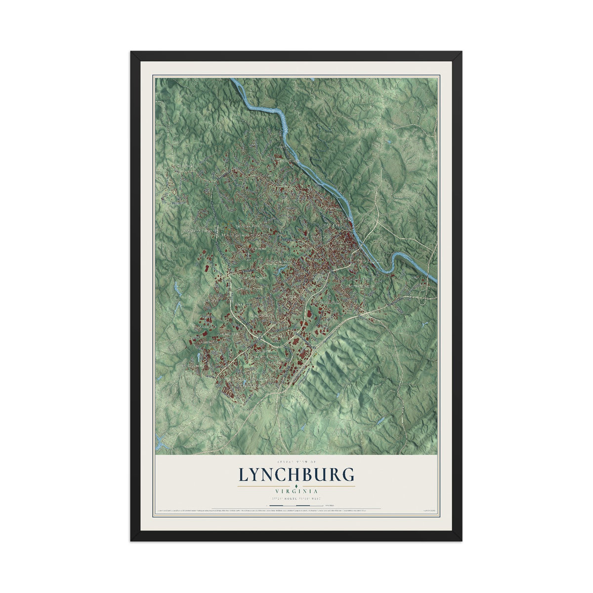 Map of Lynchburg, Virginia, 12 x 18 inch print in a black wood frame