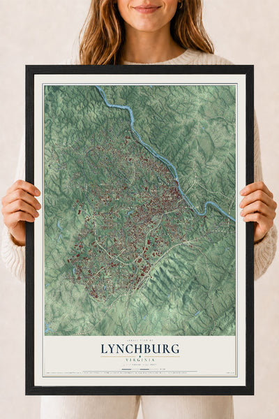 Map of Lynchburg, Virginia, 18 x 24 inch print in a black wood frame