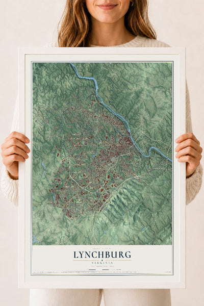 Map of Lynchburg, Virginia, 18 x 24 inch print in a white wood frame