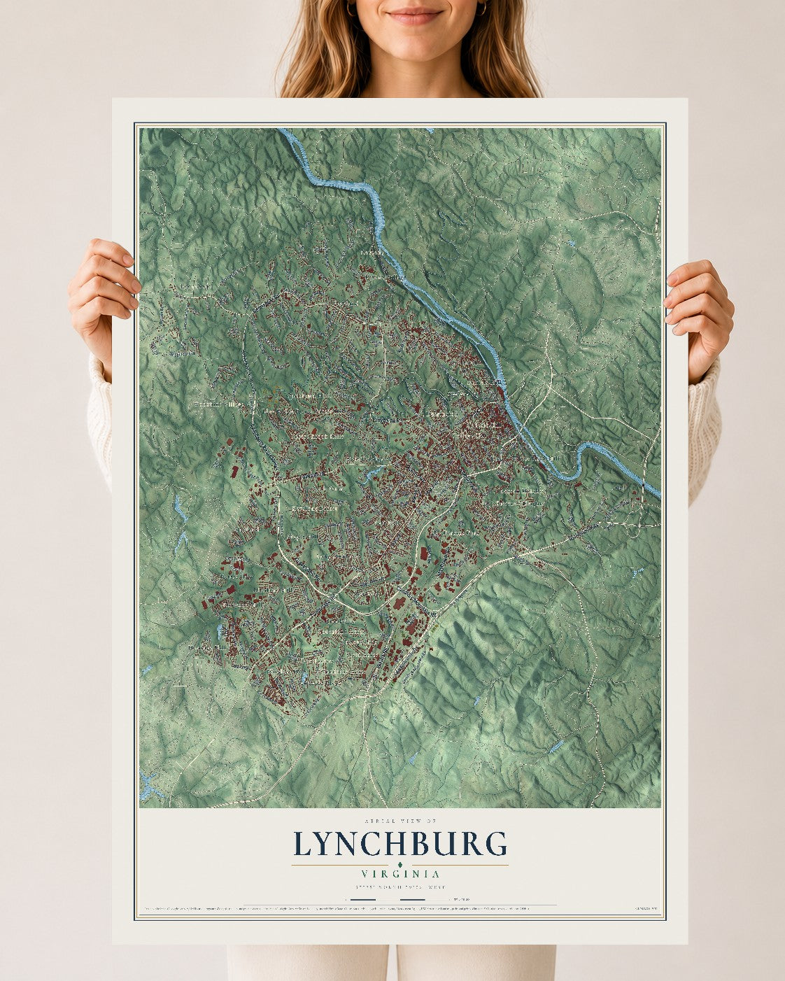 Map of Lynchburg, Virginia, 24 x 36 inch unframed archival matte print