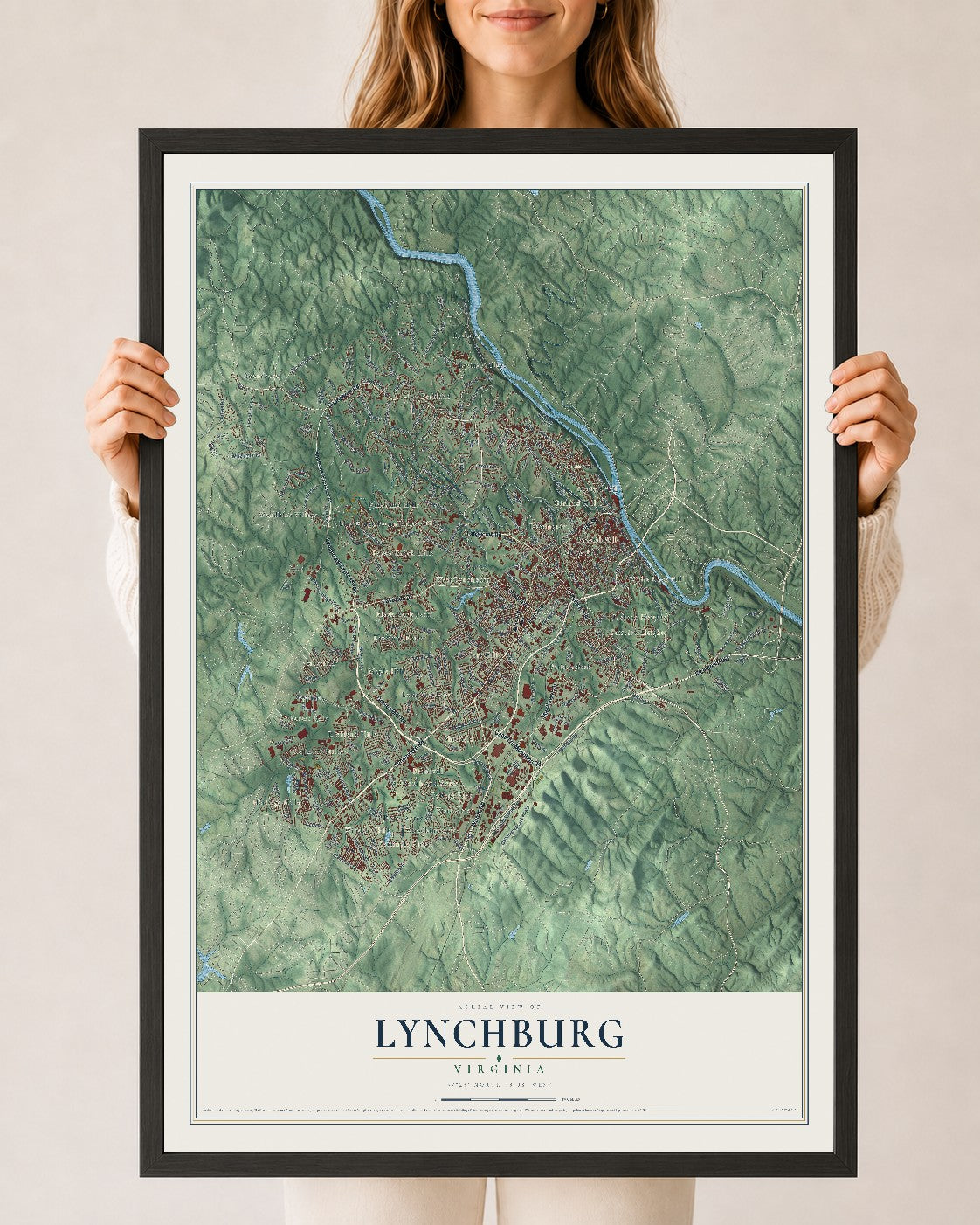 Map of Lynchburg, Virginia, 24 x 36 inch print in a black wood frame