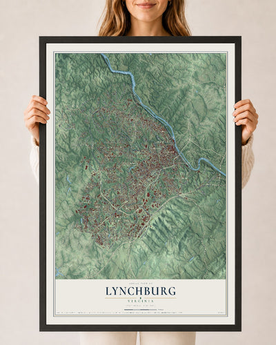 Map of Lynchburg, Virginia, 24 x 36 inch print in a black wood frame