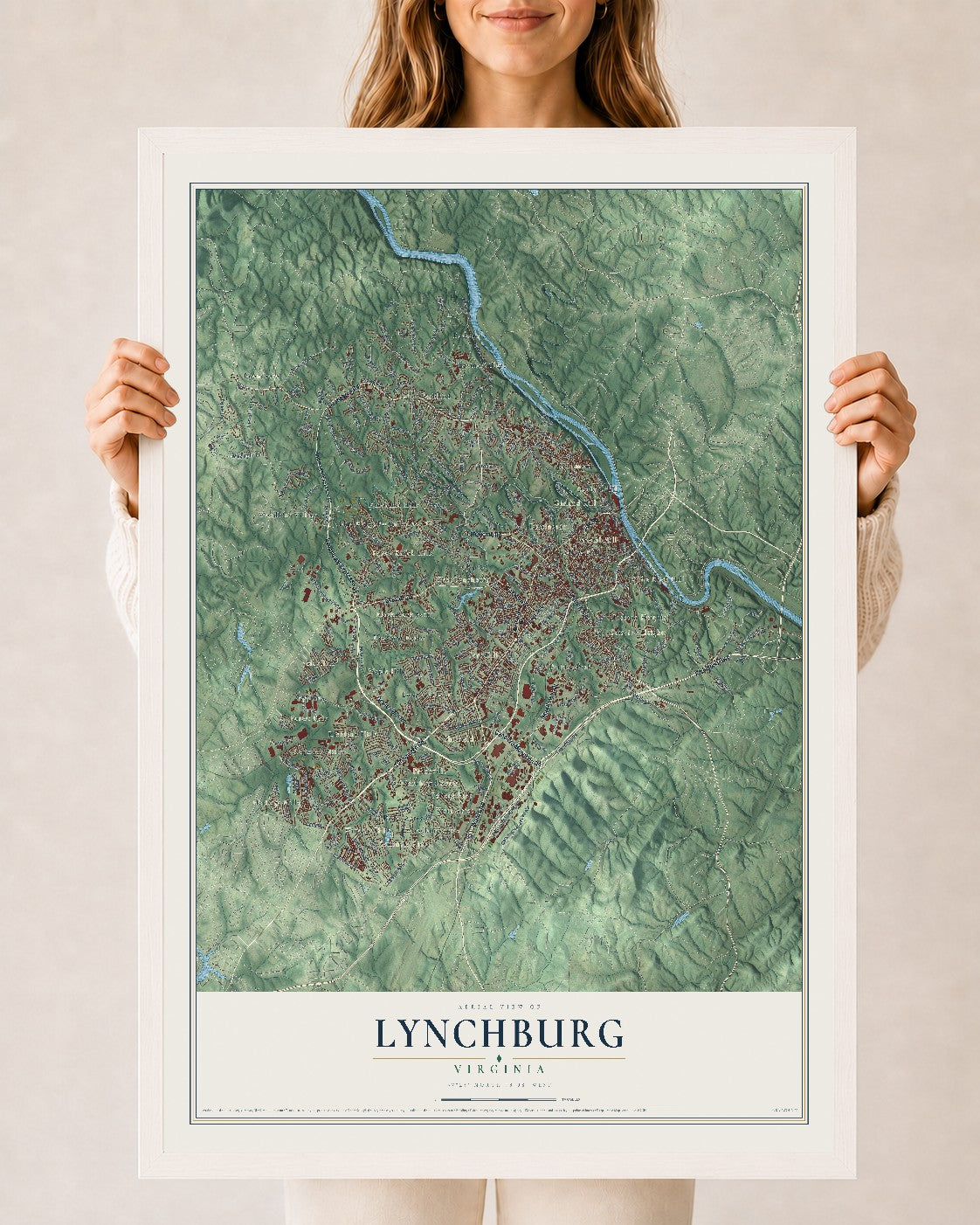 Map of Lynchburg, Virginia, 24 x 36 inch print in a white wood frame