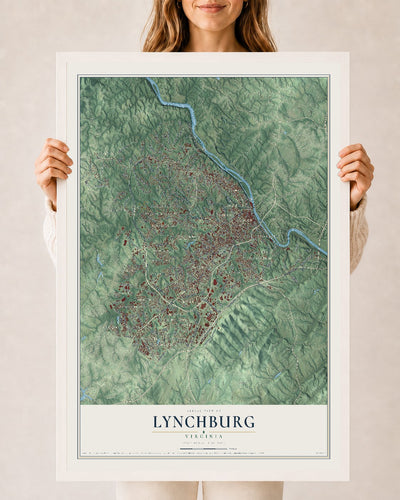Map of Lynchburg, Virginia, 24 x 36 inch print in a white wood frame