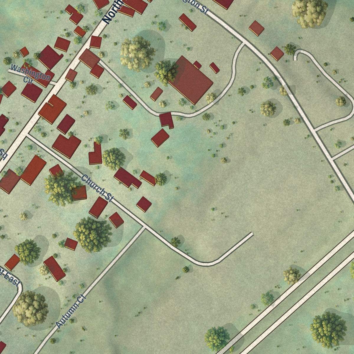 Close-up of the map of Madison, Virginia print showing street and building detail