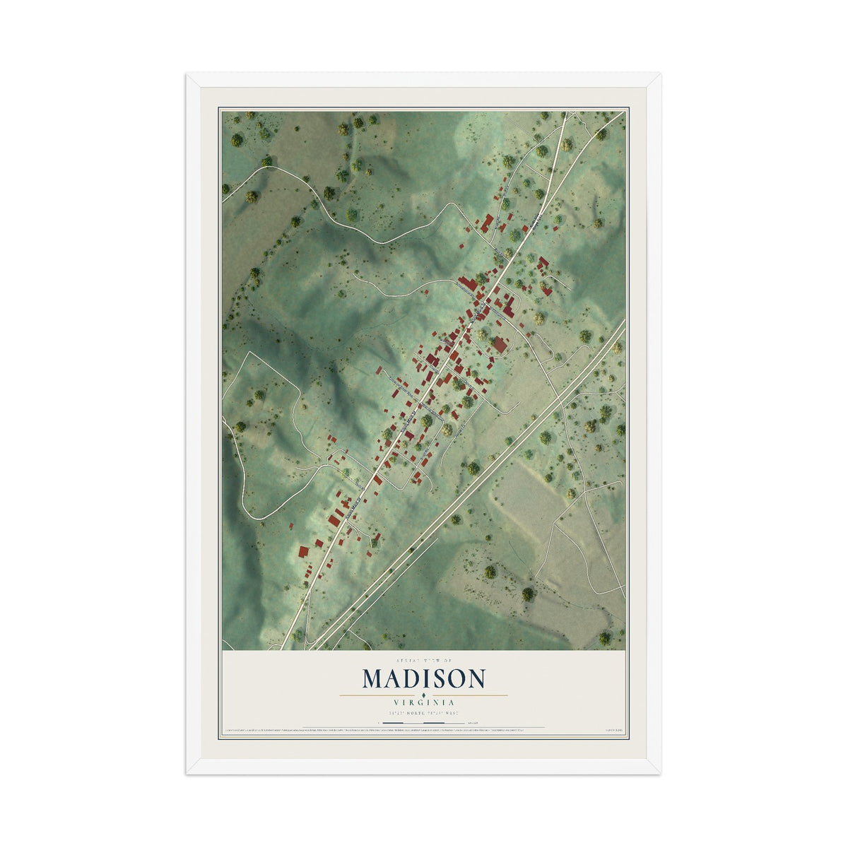 Map of Madison, Virginia, 12 x 18 inch print in a white wood frame