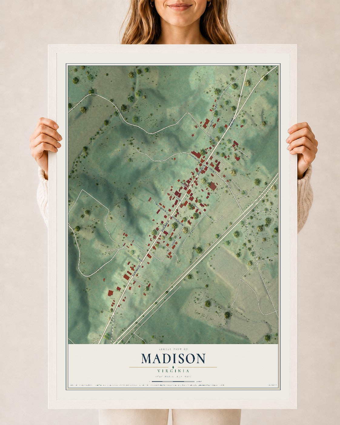 Map of Madison, Virginia, 24 x 36 inch print in a white wood frame